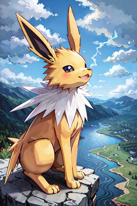 03086-3655824636-masterpiece,best_quality__Jolteon,  pokemon (creature),__,JOLTEON,__forest,mountain, lake, cloudy sky, lightning, _.png